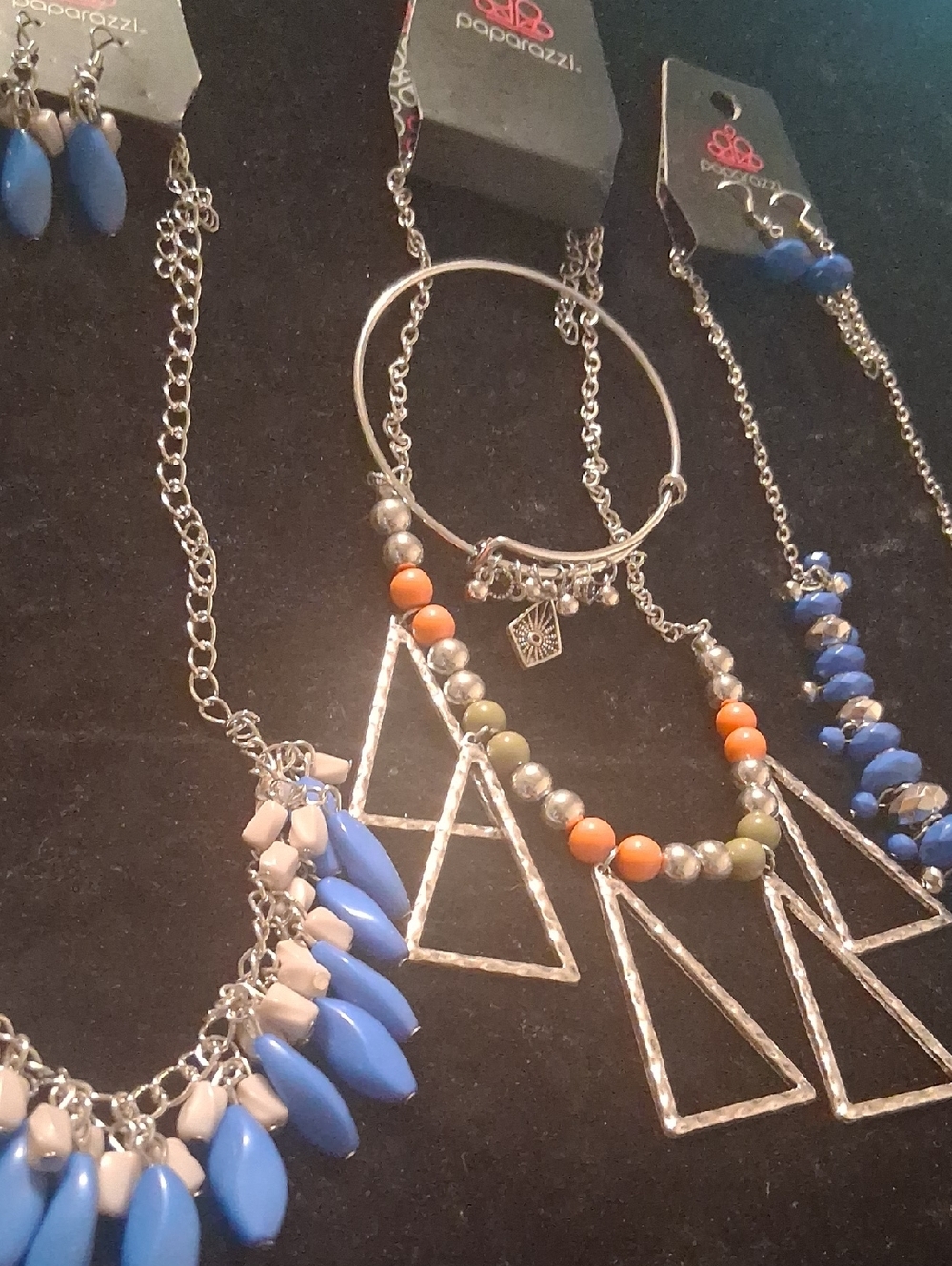 paparazzi Blue, Coral & Olive Beaded Triangle Necklace Sets & Bracelet